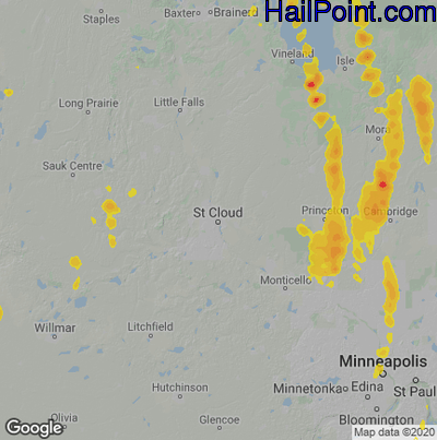Hail Map for St Cloud, MN Region on May 15, 2025