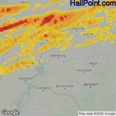 Hail Map for Dyersburg, TN Region on May 16, 2025