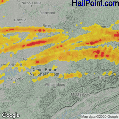 Hail Map for London, KY Region on May 16, 2025