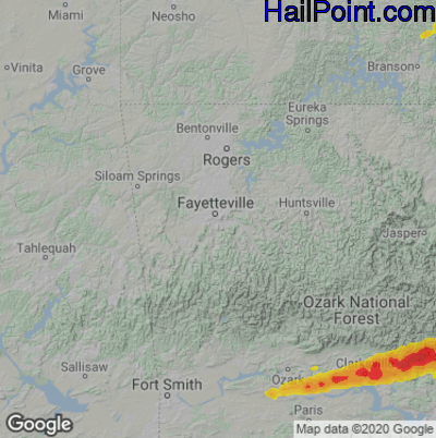 Hail Map for Fayetteville, AR Region on May 16, 2025