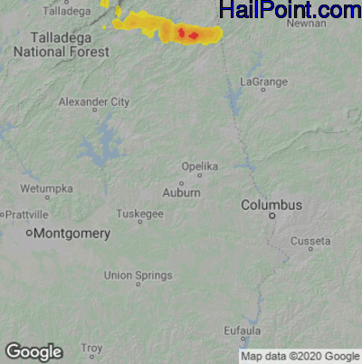 Hail Map for Auburn, AL Region on May 17, 2025