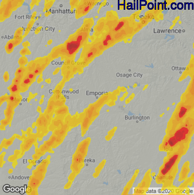 Hail Map for Emporia, KS Region on May 18, 2025