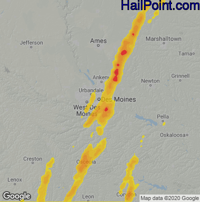 Hail Map for Des Moines, IA Region on May 19, 2025