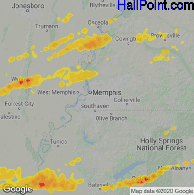 Hail Map for Memphis, TN Region on May 20, 2025