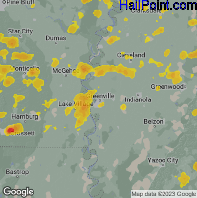 Hail Map for Greenville, MS Region on May 25, 2025
