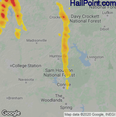 Hail Map for Huntsville, TX Region on June 1, 2025