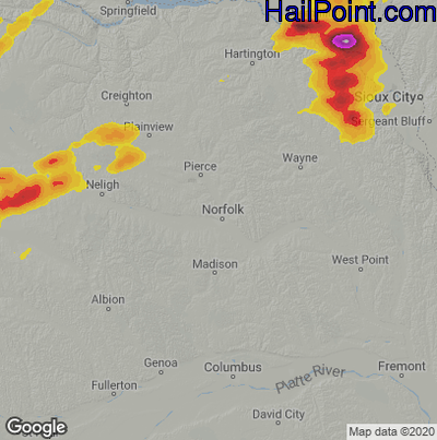 Hail Map for Norfolk, NE Region on June 2, 2025