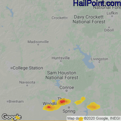 Hail Map for Huntsville, TX Region on June 9, 2025