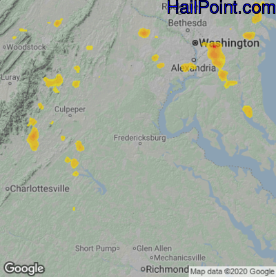 Hail Map for Fredericksburg, VA Region on June 25, 2025