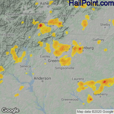 Hail Map for Greenville, SC Region on June 25, 2025