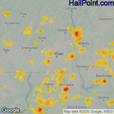 Hail Map for Dothan, AL Region on June 25, 2025 