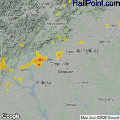 Hail Map for Greenville, SC Region on June 26, 2025 