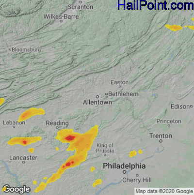 Hail Map for Allentown, PA Region on July 8, 2025