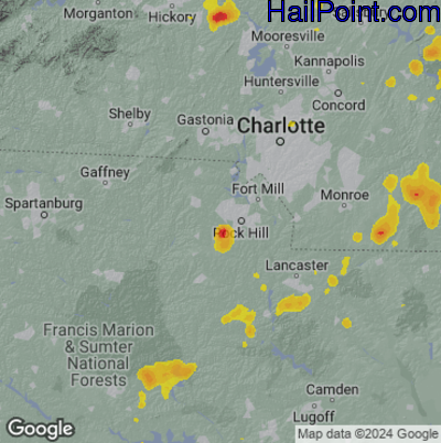 Hail Map for Rock Hill, SC Region on July 9, 2025