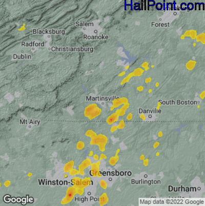 Hail Map for Martinsville, VA Region on July 9, 2025