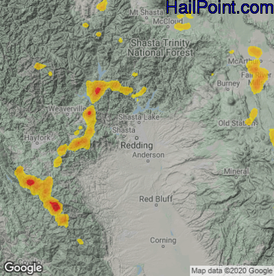 Hail Map for Redding, CA Region on July 25, 2025 