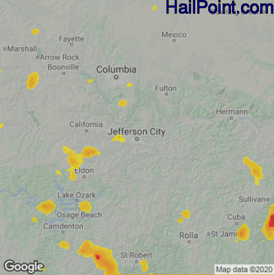 Hail Map for Jefferson City, MO Region on July 30, 2025