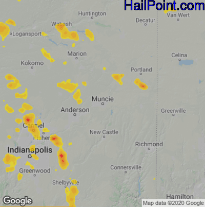 Hail Map for Muncie, IN Region on August 16, 2025 