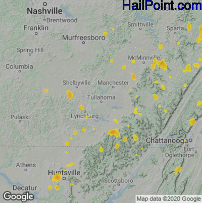 Hail Map for Tullahoma, TN Region on August 20, 2025