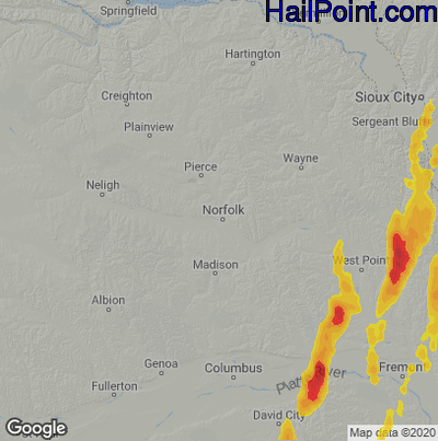 Hail Map for Norfolk, NE Region on September 14, 2025