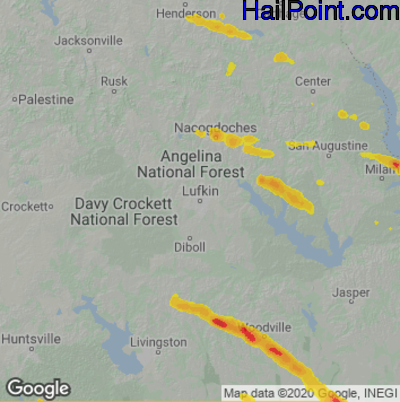 Hail Map for Lufkin, TX Region on October 28, 2025 