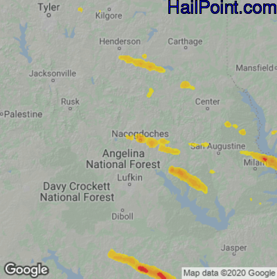Hail Map for Nacogdoches, TX Region on October 28, 2025 