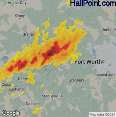 Hail Map for Mineral Wells, TX Region on March 10, 2026 
