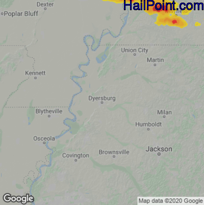 Hail Map for Dyersburg, TN Region on June 8, 2026 